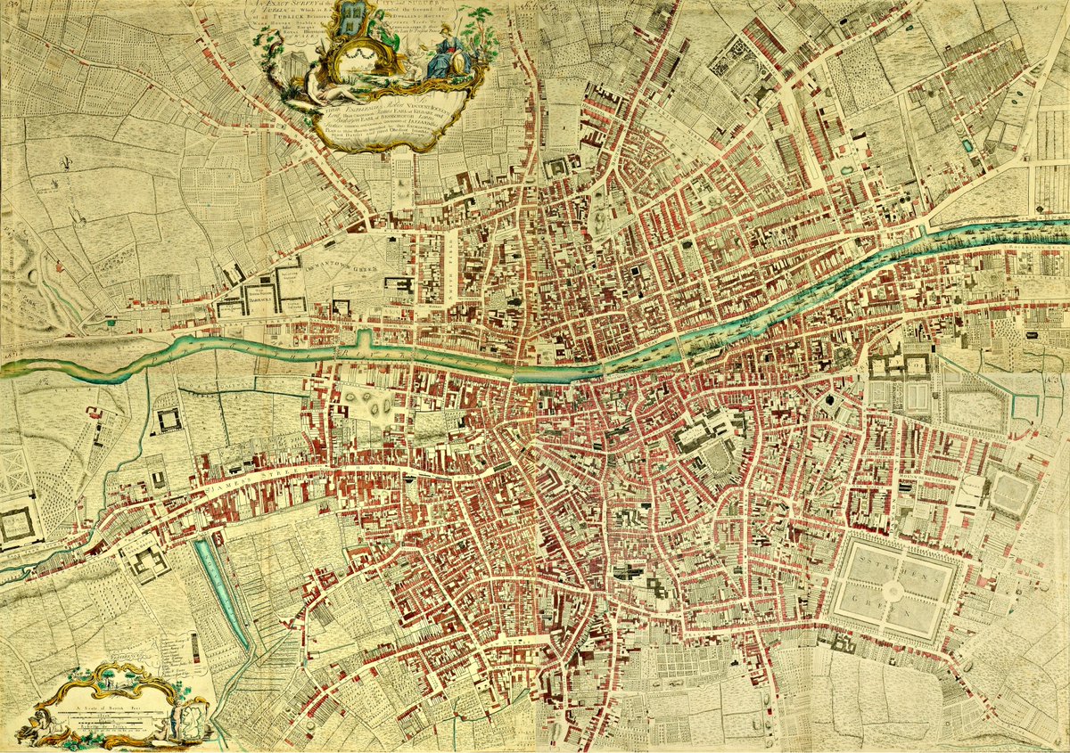 John Rocque’s Exact survey of Dublin, published in London in 1756, provides a vivid snapshot of the city at this period. It shows ‘all publick buildings, private dwelling houses, ware houses, stables, courts, yards, &amp;c.’