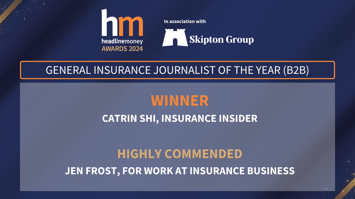 The next award is General Insurance Journalist of the Year (B2B) #HMAwards24...

Well done to <a href="/catrinshi/">Catrin Shi</a> from <a href="/InsuranceInside/">Insurance Insider</a>!

And a well-deserved Highly Commended cheer for <a href="/JenFrost_X/">Jen Frost</a>, for work at <a href="/InsuranceBizUK/">Insurance Business UK</a> 👏