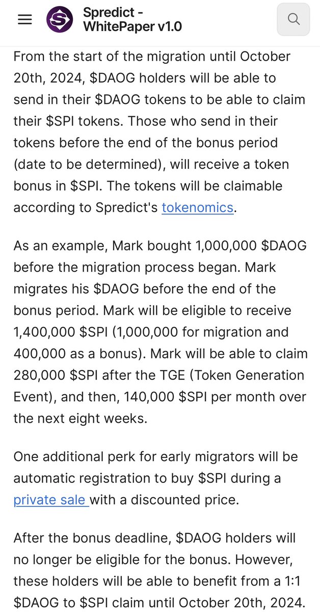 weesdebescheed's tweet photo. Ok guys, now it’s time.
The guys from @spredict just did start the migration from the old token $daog to the new one $spi
You should still buy $daog though - cause you will get a bonus in $spi as a $daog migrator - up to 40% if you hold more than 1 million!!!
#spredict
#P2E https://t.co/9S5PMv9yZn
