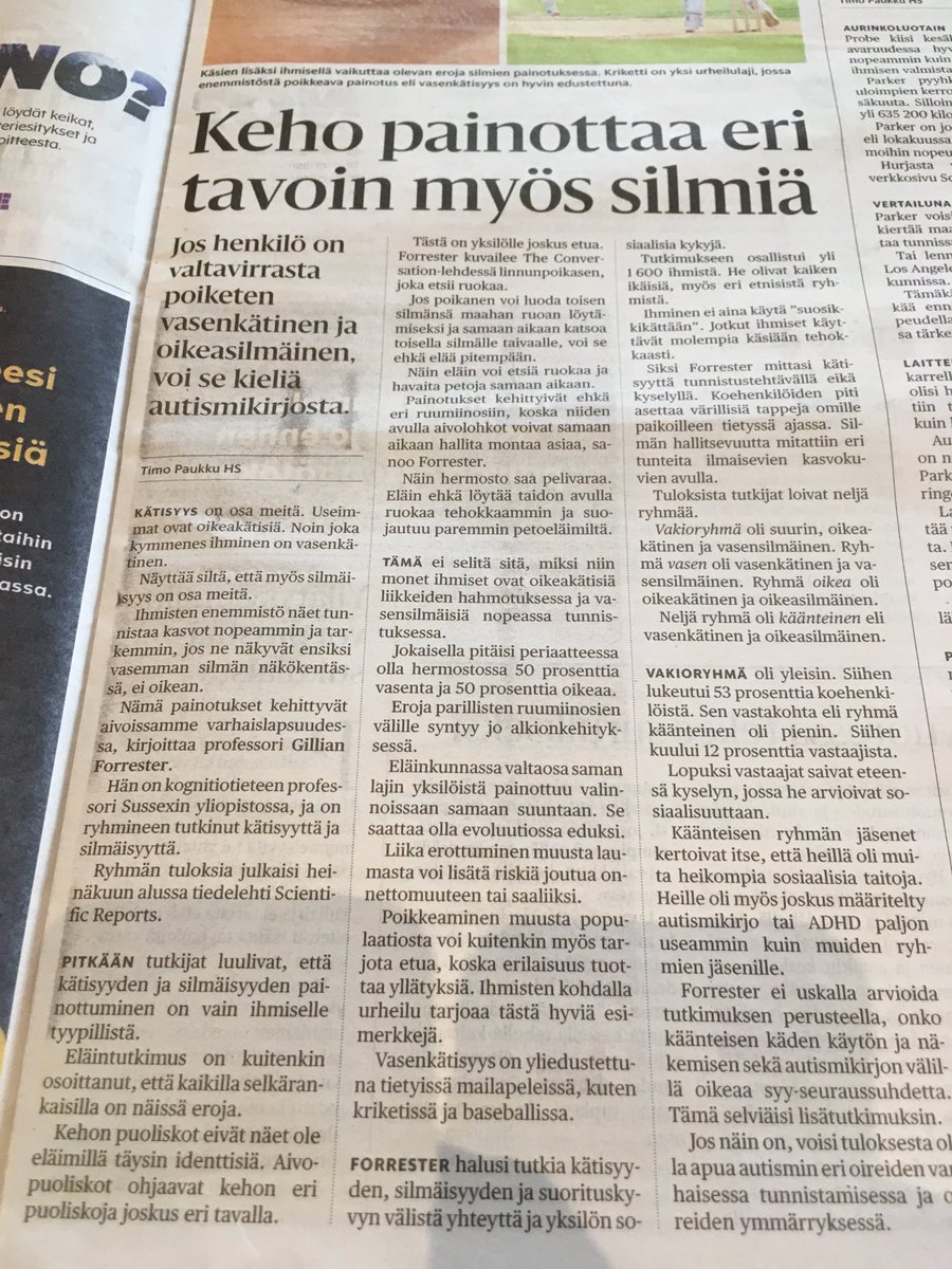 HKoski's tweet image. Tässä on nyt jokin virhe tai väärinkäsitys. Useimmat ihmiset ovat sekä oikeasilmäisiä että oikeakätisiä ja jopa oikeajalkaisia ja -korvaisia. @hs. #hs #laterality.