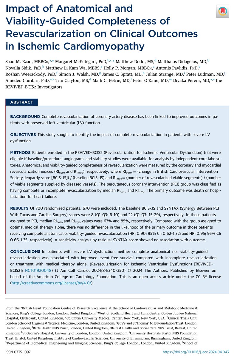 Christian Caroli (@drccaroli) on Twitter photo 🔵Cardiopatía Isquémica ¿La revascularización completa (RC) por #PCI o RC por #PCI guiada por viabilidad reduce eventos? <a href="/JACCJournals/">JACC Journals</a>
⛔️NO.
💔Nuevos datos de REVIVED-BCIS2 trial (subanálisis). <a href="/clinicasac/">Consejo de Cardiología Clínica y Terapéutica🩺 SAC</a>
🧵Veamos 🔵Cardiopatía Isquémica ¿La revascularización completa (RC) por #PCI o RC por #PCI guiada por viabilidad reduce eventos? <a href="/JACCJournals/">JACC Journals</a>
⛔️NO.
💔Nuevos datos de REVIVED-BCIS2 trial (subanálisis). <a href="/clinicasac/">Consejo de Cardiología Clínica y Terapéutica🩺 SAC</a>
🧵Veamos