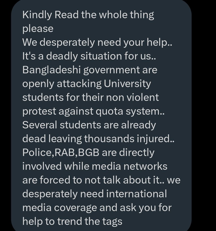 7_SmileLover's tweet photo. I am requesting to all my moots &amp; followers,  Weather you are from BD or not  please 🙏 help us . We need everyone help now .

ALL EYES ON BANGLADESH 
WE NEED YOUR HELP
#DhakaUniversityIsUnderAttack #QuotaReform #QuotaMovement 
#Save_Bangladeshi_students https://t.co/qfs2McLQMN