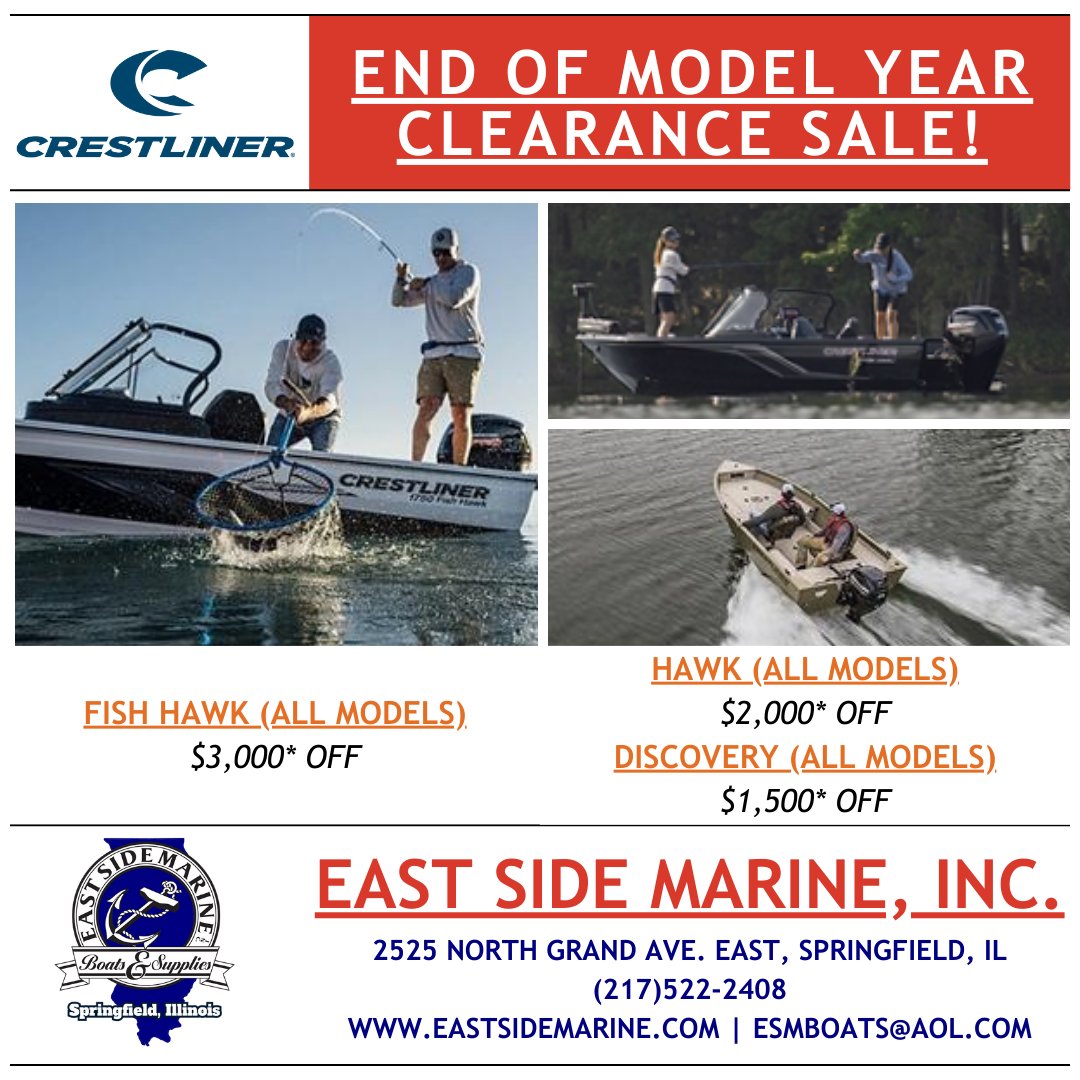 EastSideMarine's tweet photo. ☀️ End of Model Year Sale happening NOW at East Side Marine! Brand new 2023 Lowe &amp; Crestliner boats at HUGE savings! Don't miss out - inventory's flying!  ⁣ Head down to our shop or visit https://t.co/eJa76hcg2G. #ESMBoats #LoweBoats #Crestliner https://t.co/yyczgrxXG4