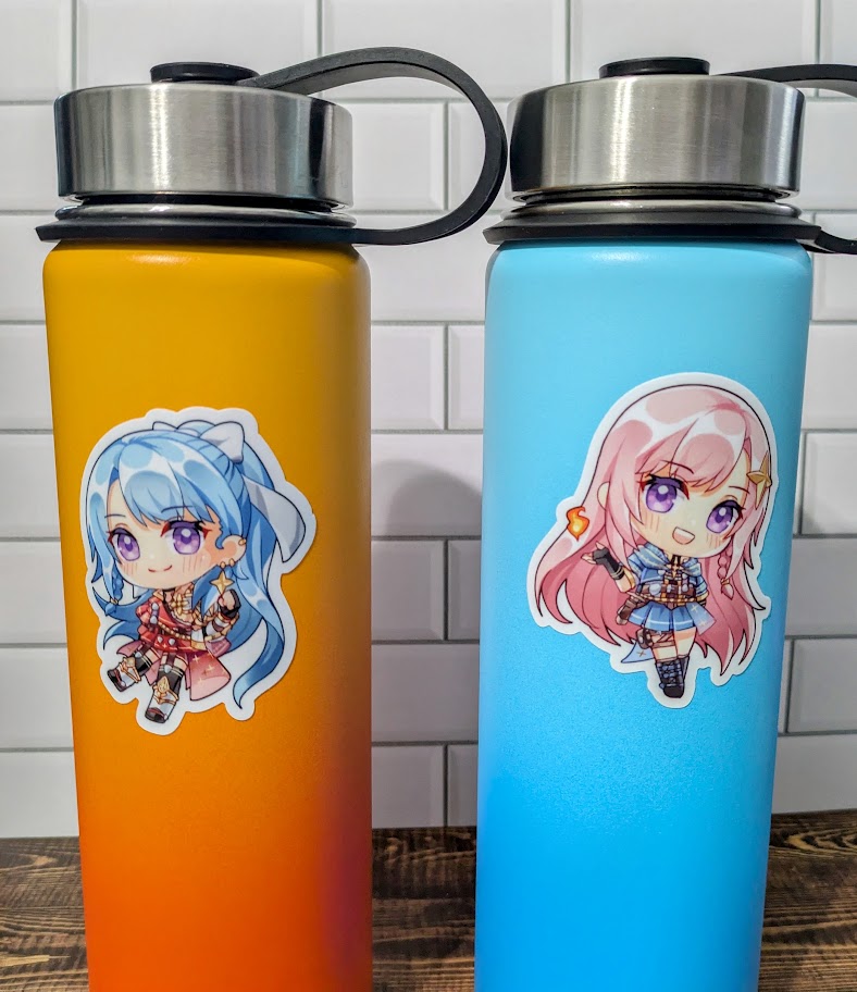 duoleveling's tweet photo. Coming Soon: UV-protected and water-resistant 3-Inch vinyl matte stickers of your guildmasters that you can slap on any health or mana potion! Take them on the go during your adventures! โ๏ธโจ๐ฅ Art by churubou. #upcoming #merch #VTuber #ENVTtuber https://t.co/tNMMIgFGLp