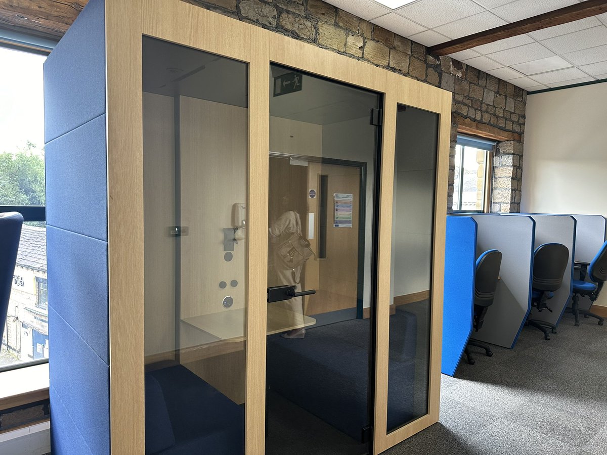 Blown away by improvement work, values, positivity &amp; enthusiasm of Kirklees community teams, Beckside <a href="/allofusinmind/">SouthWestYorkshire Partnership NHS FoundationTrust</a> &amp; impressed with creative solutions to improve the work environment.  <a href="/SubhaThiyagesh/">Prof Subha Thiyagesh</a> with <a href="/lauraoates13/">Laura</a> tried the chair for quiet times &amp; the pods are used loads