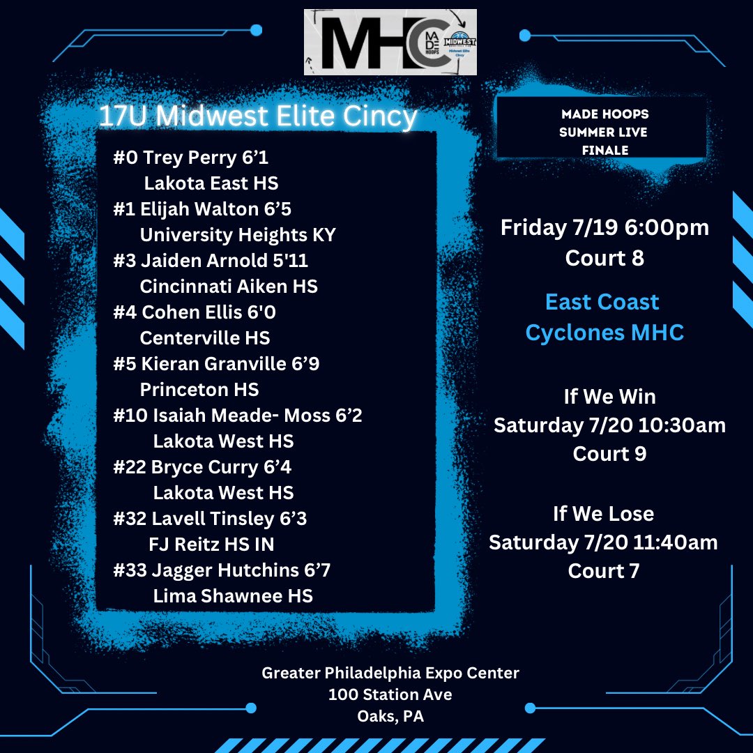 Midwest Elite Cincy MHC (@midwestelitemhc) on Twitter photo Schedule is out for <a href="/madehoops/">MADE Hoops</a> Finale in Oaks, PA this weekend!
First game is Friday 6:00pm Court 8
Vs East Coast Cyclones who is one of the 3 losses from this past weekend. Come back on revenge tour.
<a href="/MiddieDK/">Dustin Kavanaugh</a> <a href="/MidwestBBClub/">Midwest Basketball Club</a> <a href="/PrepHoopsOH/">Prep Hoops Ohio</a> <a href="/PrepHoopsIN/">Prep Hoops Indiana</a> <a href="/PrepHoopsKY/">Prep Hoops Kentucky</a> Schedule is out for <a href="/madehoops/">MADE Hoops</a> Finale in Oaks, PA this weekend!
First game is Friday 6:00pm Court 8
Vs East Coast Cyclones who is one of the 3 losses from this past weekend. Come back on revenge tour.
<a href="/MiddieDK/">Dustin Kavanaugh</a> <a href="/MidwestBBClub/">Midwest Basketball Club</a> <a href="/PrepHoopsOH/">Prep Hoops Ohio</a> <a href="/PrepHoopsIN/">Prep Hoops Indiana</a> <a href="/PrepHoopsKY/">Prep Hoops Kentucky</a>