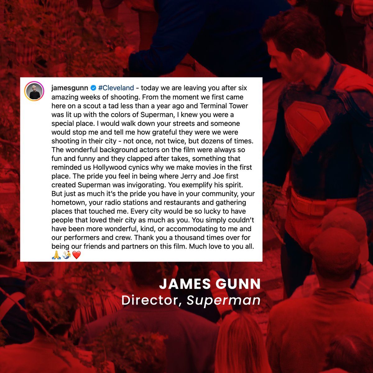GreaterCLE's tweet photo. Superman Director James Gunn shared his love for #TheLand, praising our city's warmth, community pride, and spirit. Thank you for choosing Cleveland, @jamesgunn! We can't wait to see our city shine in the magic you've created on screen. 🎬❤️

#FilmInCLE #GreaterCLE #AllIn https://t.co/rNq2PrfEqP