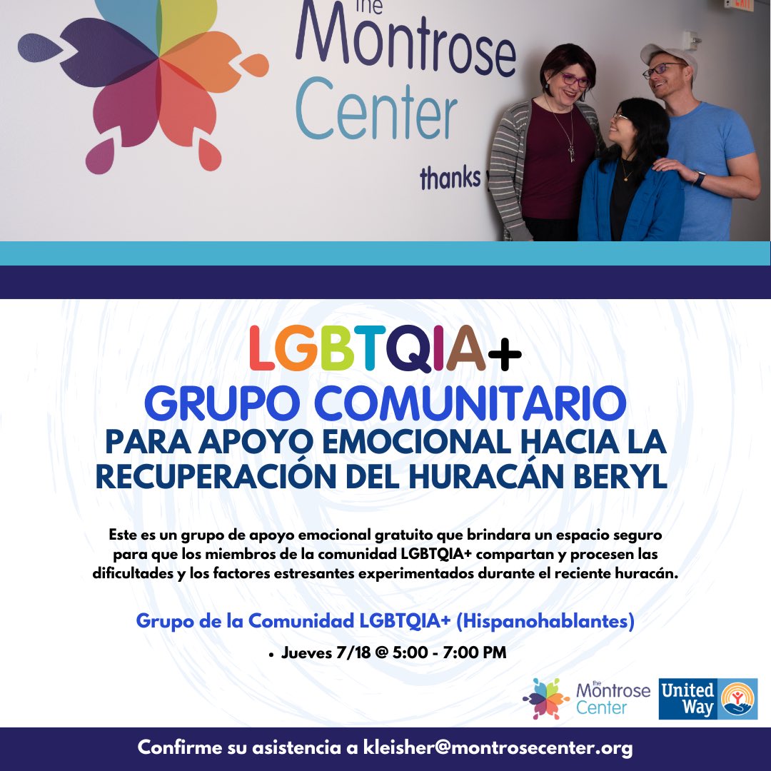 MontroseCenter's tweet image. El Montrose Center se complace en ofrecer grupos de apoyo emocional gratuitos para ayudar a procesar los recientes desafíos provocados por el #HuracánBeryl. ❤️