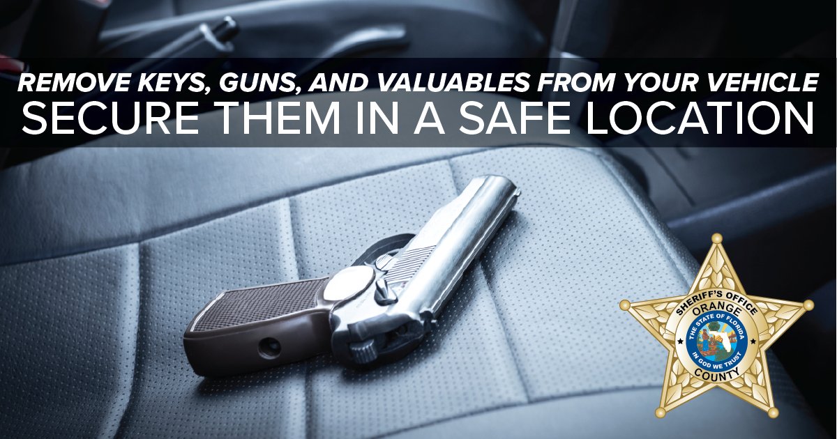 OrangeCoSheriff's tweet image. Many car burglars are looking for guns. Don't make it easy for criminals. If you have a firearm, take the right steps to keep it out of the wrong hands. Always remove your guns from your vehicle and store them safely.  #LockItUp