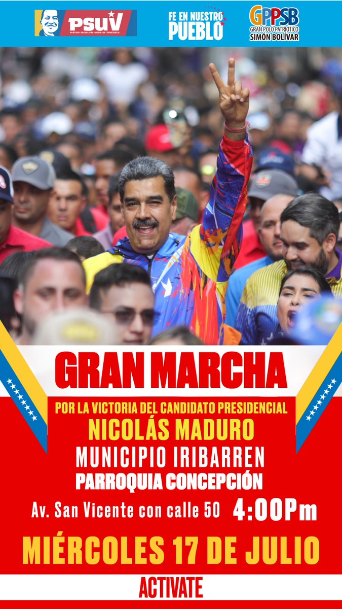 Vamos hoy 17 de Julio a la gran marcha por la victoria del candidato presidencial Nicolás Maduro <a href="/NicolasMaduro/">Nicolás Maduro</a> 
#VenezuelaSegura