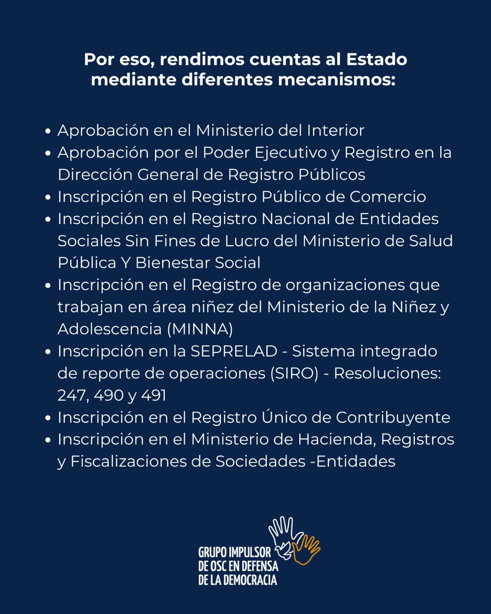 habitatpy's tweet image. Las Organizaciones de la Sociedad Civil rendimos cuentas al Estado y estamos registradas en estos lugares. Todas las normas son obligatorias.
#SomosTransparentes
#OSCporlademocracia