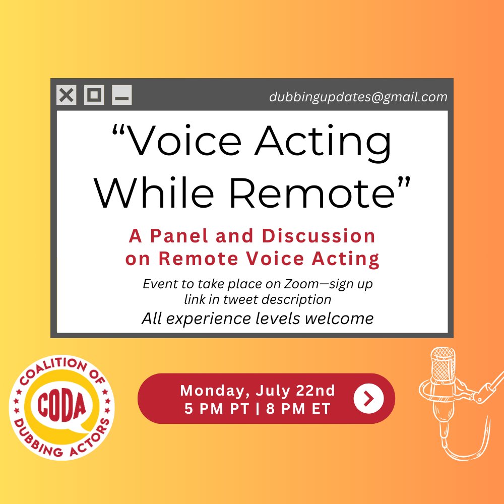 codaunite's tweet photo. Come join fellow actors &amp; CODA leadership members Tina Assaf-Costello and Sam Slade, joined by guests Alice Himora and Kelsey Jaffer for a supportive, candid, and confidential conversation about remote work in the voiceover industry.

Remote actors of experience levels welcome. https://t.co/WssI4jT1C3