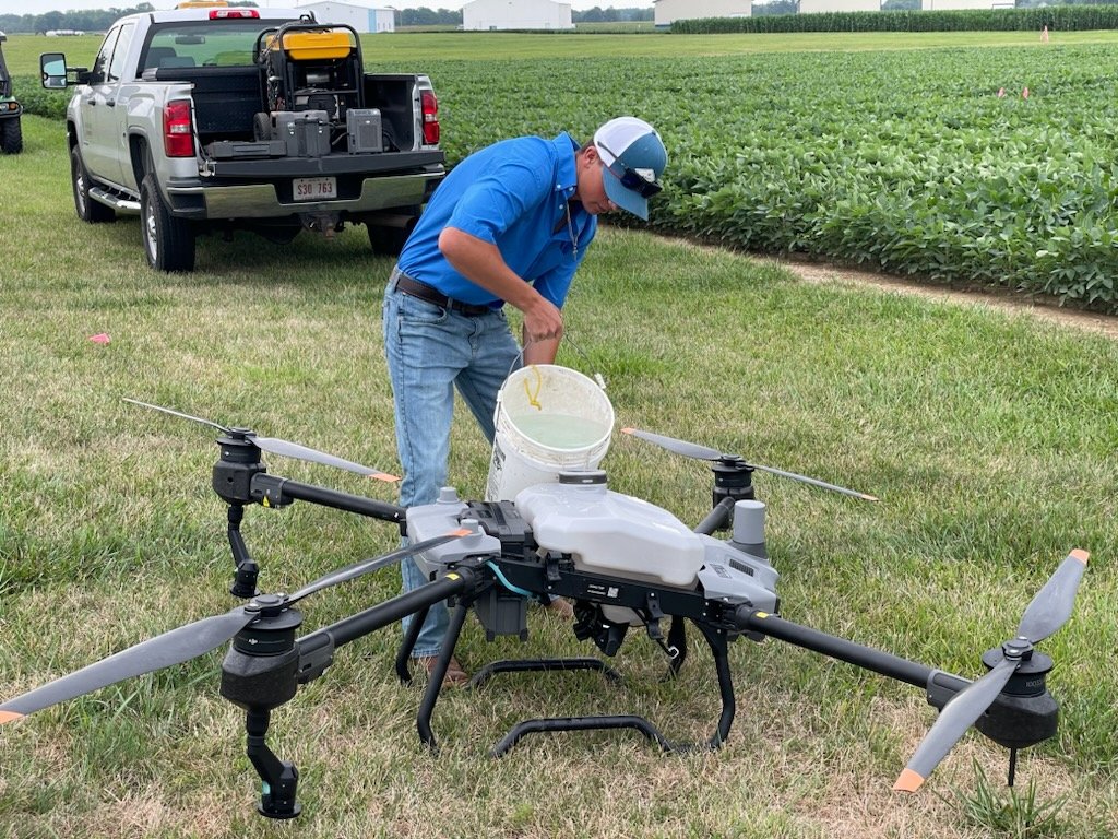 OhioStatePA's tweet photo. Applying fungicide treatments for a 2024 #eFields trial today. We are busy flying different #drone fungicide projects over the next few weeks.  #agtech #precisionag https://t.co/aVmiOSK4GK