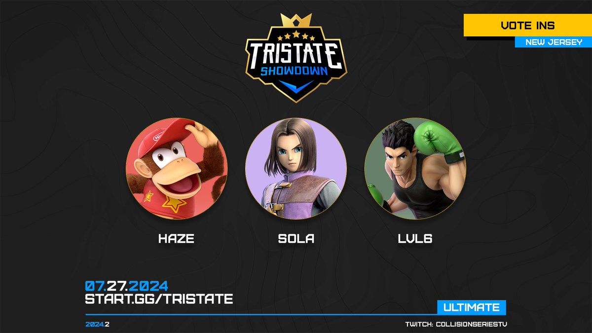 TristateShowdwn's tweet photo. We announced three additional slots for #TristateShowdown. Today, we reveal the nominees (based on performance from this season)!
From NJ, we have:
@Ang_E_Haze
@Solalun1
@LVL6ssb
Voting begins Friday, Noon EST!
Stay tuned for the other region nominees!
https://t.co/Xmcx45tcsj https://t.co/SwiFc5QhnQ