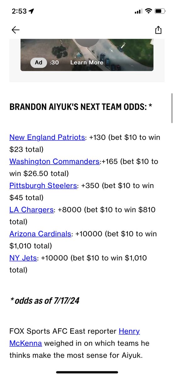 Dropback_'s tweet image. This Sportsbook has the Patriots as the team with the best odds to land Brandon Aiyuk.

It would be so sad if the Pats got a true WR1. So so sad.

#Patriots #NFL #NEPats