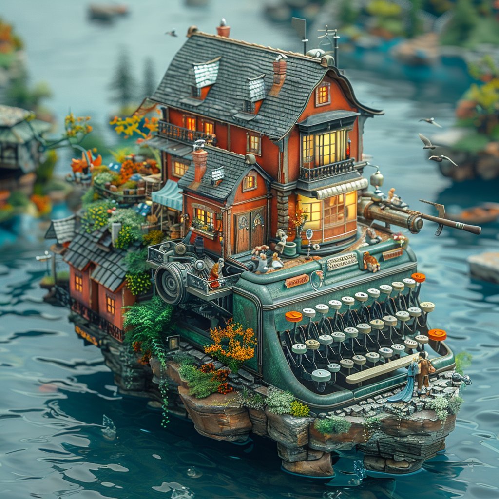 Dive into the whimsical world of "Tales of the Floating Typewriter," a stunning #NFT that blends fantasy with ingenuity. This artwork captures a beautifully detailed house built atop a gigantic, vintage typewriter, seemingly afloat on tranquil waters. Surrounded by lush greenery