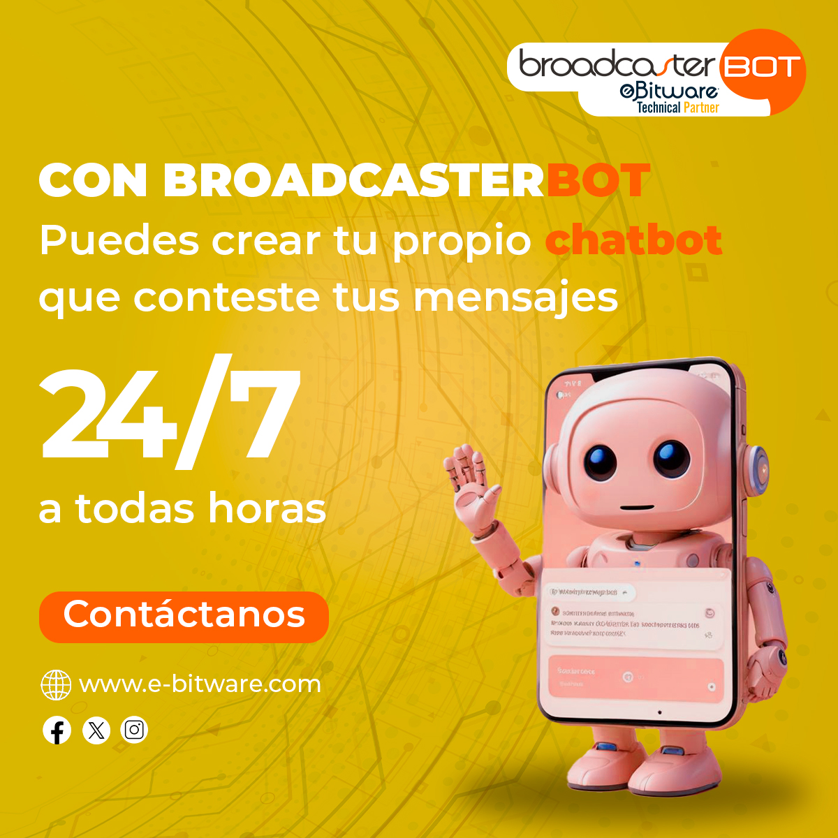 e_bitware's tweet photo. 🔄 ¡Lleva la atención al cliente al siguiente nivel con broadcaster bot! 📲✨ Crea tu propio chatbot que responda a tus mensajes 24/7. ¡Disponible a cualquier hora, todos los días! 🌐🕐 https://t.co/Klmm38cyK4