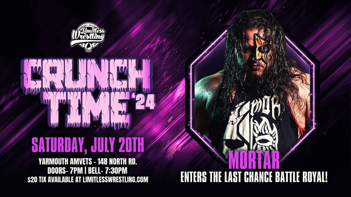 LWMaine's tweet photo. The Last Chance Battle Royal is WIDE OPEN for returns, debuts &amp; opportunity this Saturday in Yarmouth, ME!

🏆 The winner advances to VLC ‘24 on Saturday, 8/17 in Lewiston!

ENTERING THIS WEEKEND:
🍩 PUF
😤 MORTAR
🤌 J-Heru w/ Aiden Aggro
🛻 Human Monster Truck, Perry Von Vicious https://t.co/3lQh9CHdg0