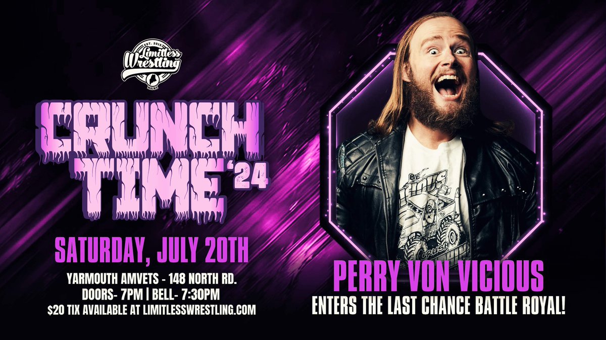 LWMaine's tweet photo. The Last Chance Battle Royal is WIDE OPEN for returns, debuts &amp; opportunity this Saturday in Yarmouth, ME!

🏆 The winner advances to VLC ‘24 on Saturday, 8/17 in Lewiston!

ENTERING THIS WEEKEND:
🍩 PUF
😤 MORTAR
🤌 J-Heru w/ Aiden Aggro
🛻 Human Monster Truck, Perry Von Vicious https://t.co/3lQh9CHdg0