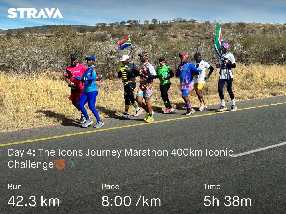 LukhanyoZ's tweet photo. Day 4 of 8 (169.7km of 400km) completed!😁💪🏾
 “It always seems impossible until it’s done.” Halfway mark for the days of the challenge. From Komani did 42.3km towards Cofimvaba.😅🏃🏾‍♂️
#icons4change❤️
#runtoendhunger🙏🏾
#400kmiconicchallenge24
#RunningWithTumiSole 
#FetchYourBody2024 https://t.co/ILRLMPraSw