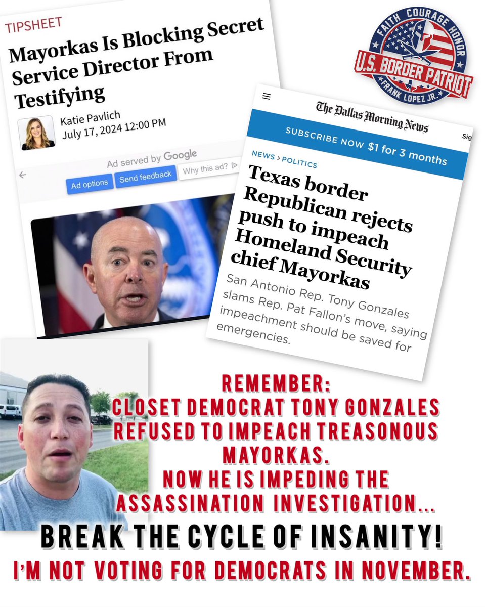 usborderpatriot's tweet photo. Cheatle protected by Mayorkas protected by CD23 globalist Gonzales… Tragically, I told you so…
"As a dog returns to his vomit, so a fool repeats his folly" Proverbs 26:11 https://t.co/biZhrpbVMT
