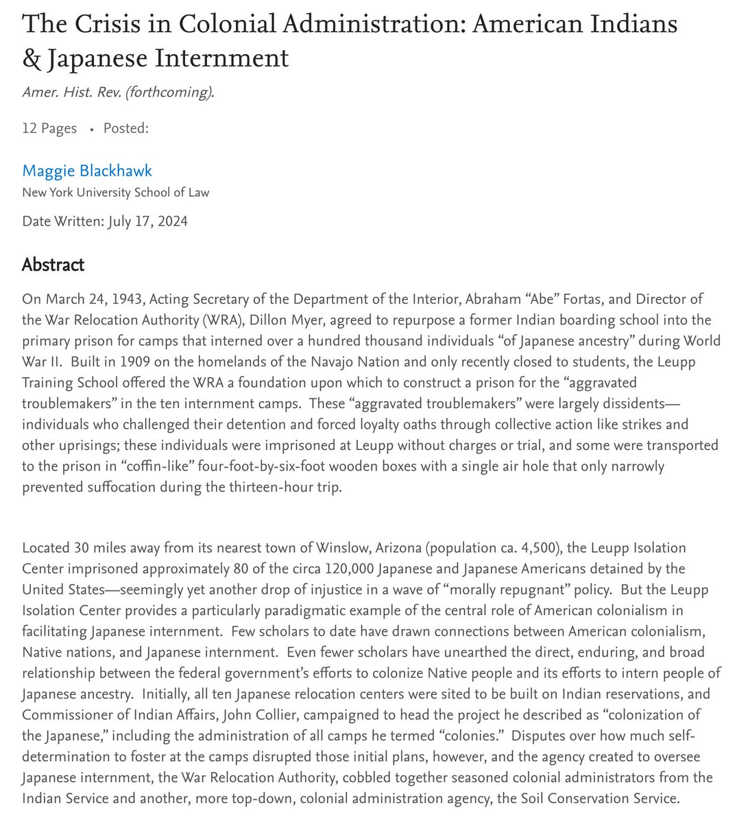 I have an Essay forthcoming in the American Historical Review on the deep connections between American colonialism, Indians, and Japanese internment during WWII--termed "colonization of the Japanese."   

Abstract below; draft on SSRN.  Feedback welcomed! papers.ssrn.com/sol3/papers.cf…