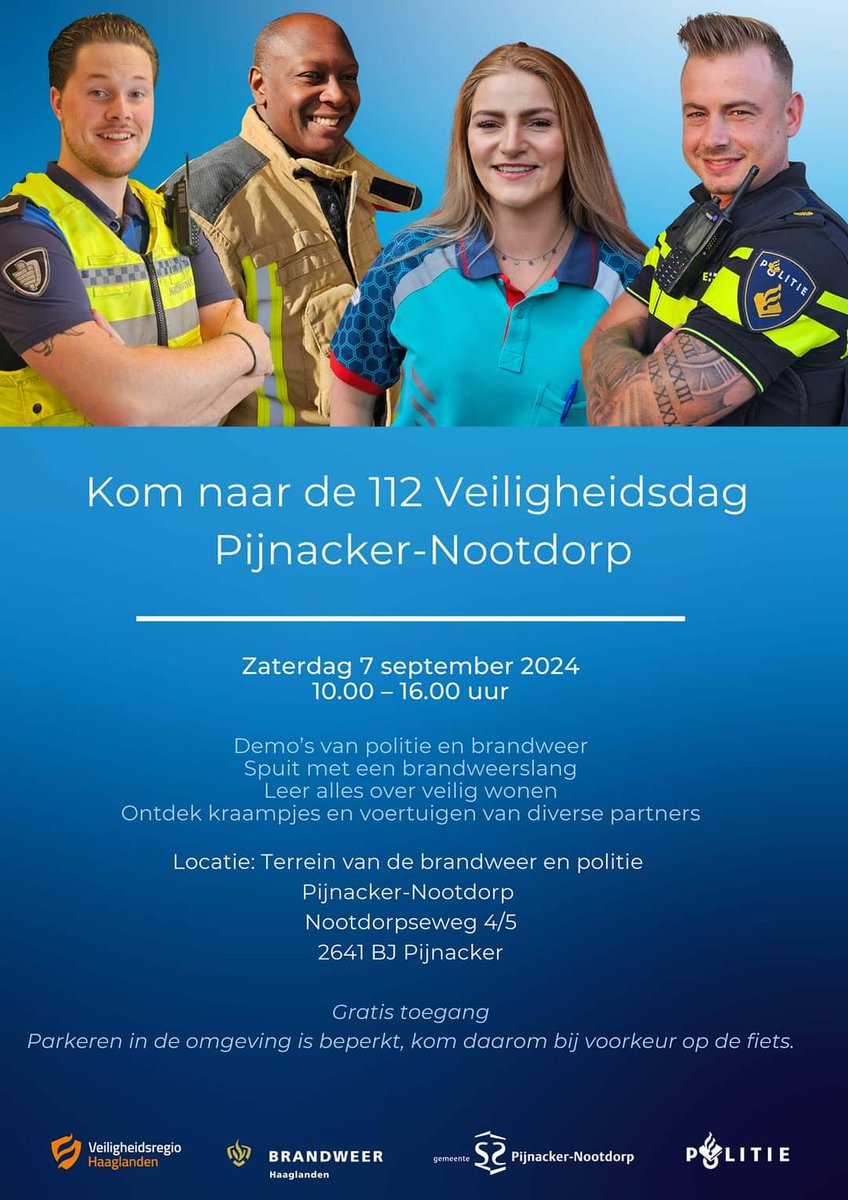 dburgersdijk's tweet image. Leuk nieuws voor mijn volgers
Zaterdag 7 September is het weer zover #112veiligheidsdag in Pijnacker bij @POL_Pijnacker met veel partners @11Luchtmobiel @Kon_Luchtmacht @kon_marine @korpsmariniers @dhcluchtmacht @landmacht @staatsbosbeheer @HTM_Reisinfo @RET_controle en nog meer
