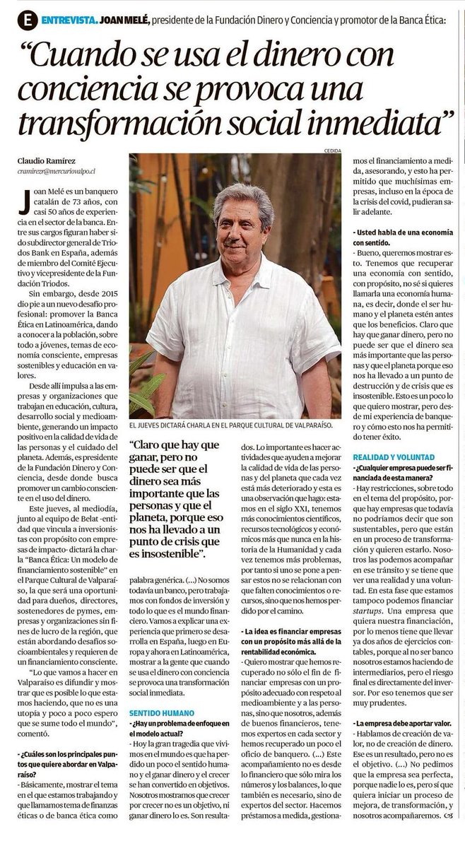 "Cuando se usa el dinero con conciencia se provoca una transformación social inmediata" ✨En entrevista <a href="/ElMercurio/">El Mercurio</a> Valparaíso, Joan Melé nos explica el impacto y alcance que tienen las finanzas éticas cuando se impulsa a #empresas y #organizaciones que generan #impactopositivo.