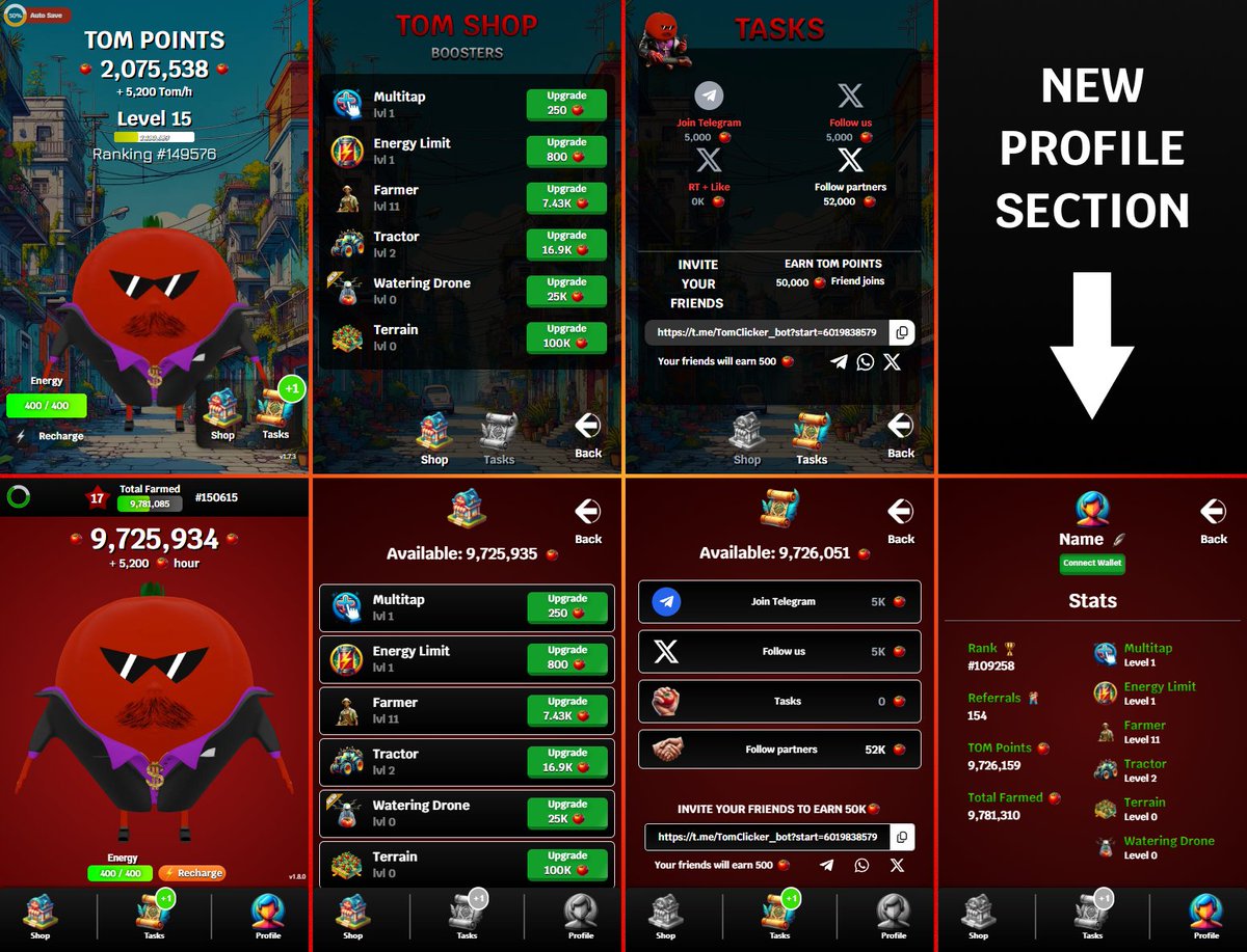 TOMSolCoin's tweet image. Hey, Tommies! 🍅🍅

Today we bring you an update on TOM Clicker:

🎨🖌 Design changes in the whole app 
 
🆔👤 Implementation of the Profile section, where you will be able to Connect your Wallet very soon

There will be more changes in the coming days, but in the meantime, let…