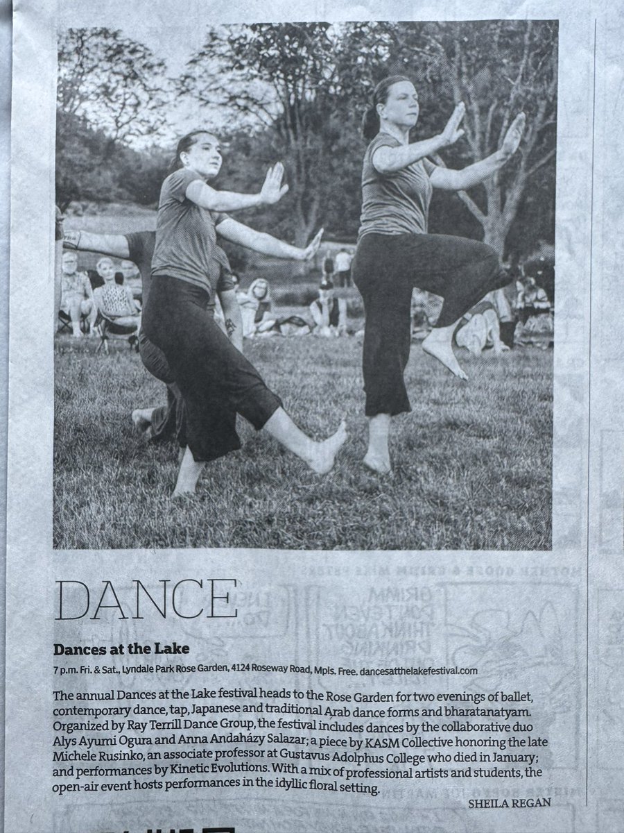 KineticEv's tweet image. Here’s an article featuring our FREE show in today’s Star Tribune. Hope to see you this weekend!
Dances at the Lakes Festival
Fri-Sat July 19-20, 2024 at 7pm
Lyndale Rose Garden by Lake Harriet
Bring a blanket or chair, a picnic if you’d like and enjoy an evening of dance.