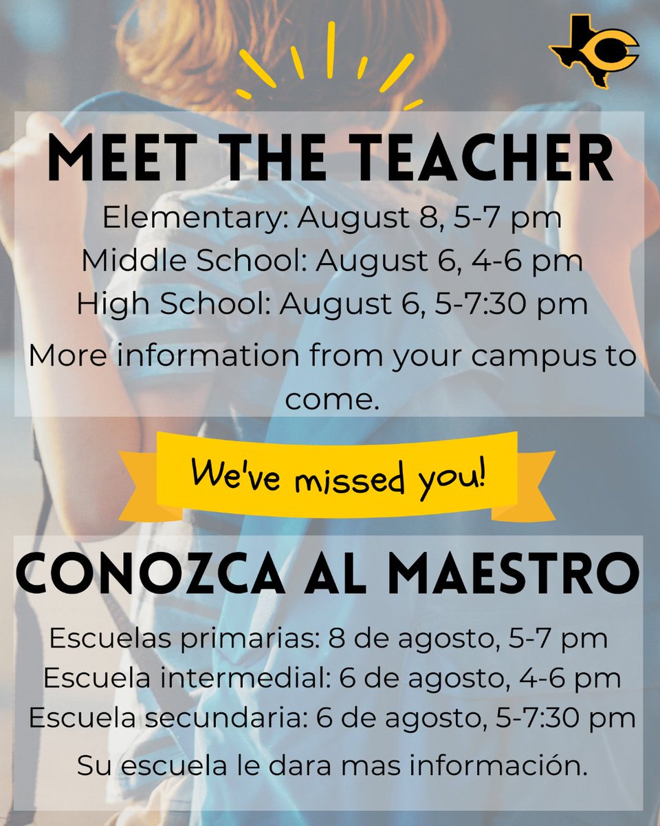 OfficialCISD's tweet photo. 📅 Save the Date! Meet the Teacher/Campus Nights are coming up. More information to come from your campuses closer to time. https://t.co/3Pi4jcBNGk