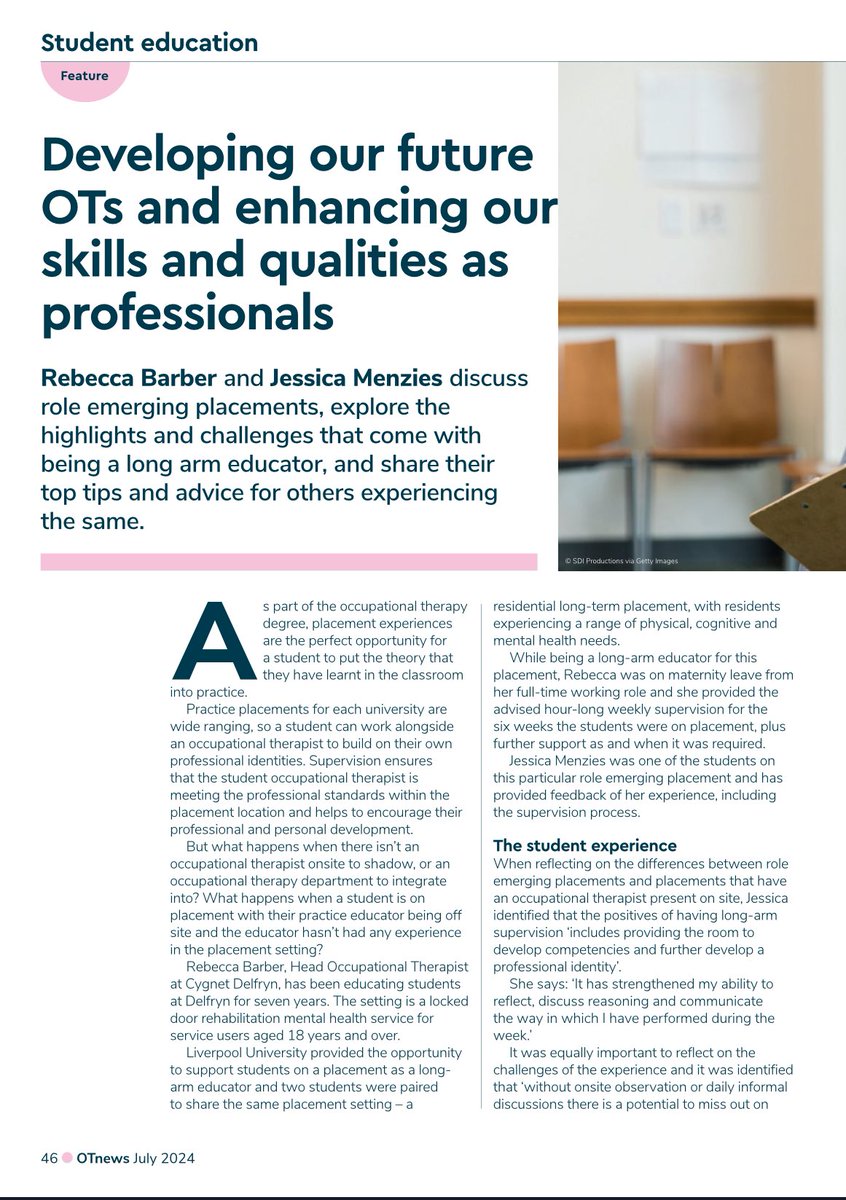 Check out this article in this month’s OT News by one of our MSc pre-reg students and their long arm educator reflecting on their experience of a role emerging placement 👇🏻