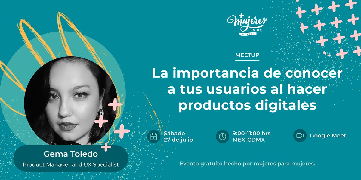 ✨️ Querida comunidad ✨️

¿Listas para el próximo meetup de Julio?

En esta ocasión junto a Gema Toledo les traemos  ✨️La importancia de conocer a tus usuarios al hacer productos digitales ✨️

🗓 27 de Julio a las 9am
🎟eventbrite.com.mx/e/evento-de-mu…