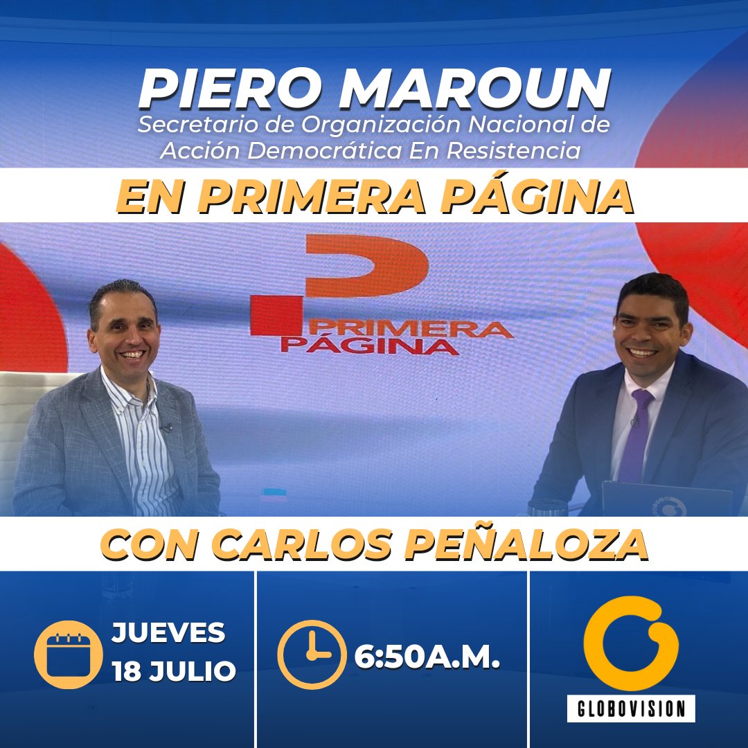 Mañana #18Julio a las 6:50a.m. estaré en Primera Página por Globovisión. Conversando con Carlos Peñaloza. ¡Invitamos a sintonizar!