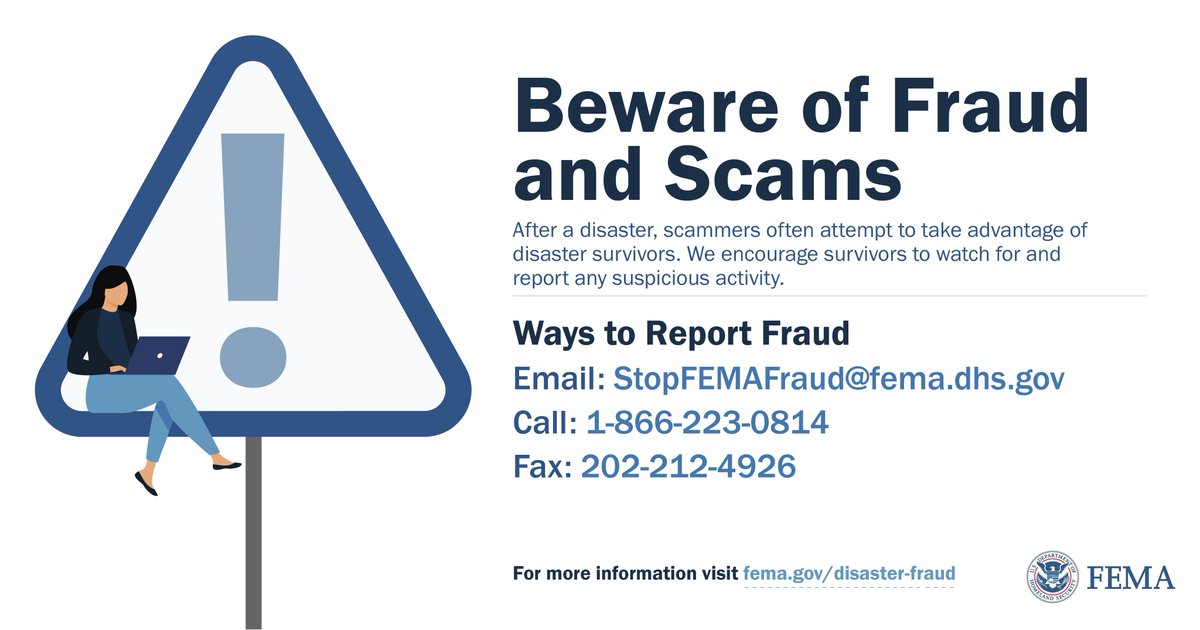 After a disaster like the #Beryl, scam artists, identity thieves, and other criminals may attempt to take advantage of survivors. Please watch for and report any suspicious activity to our Investigations and Inspections Division.

Info: fema.gov/disaster-fraud