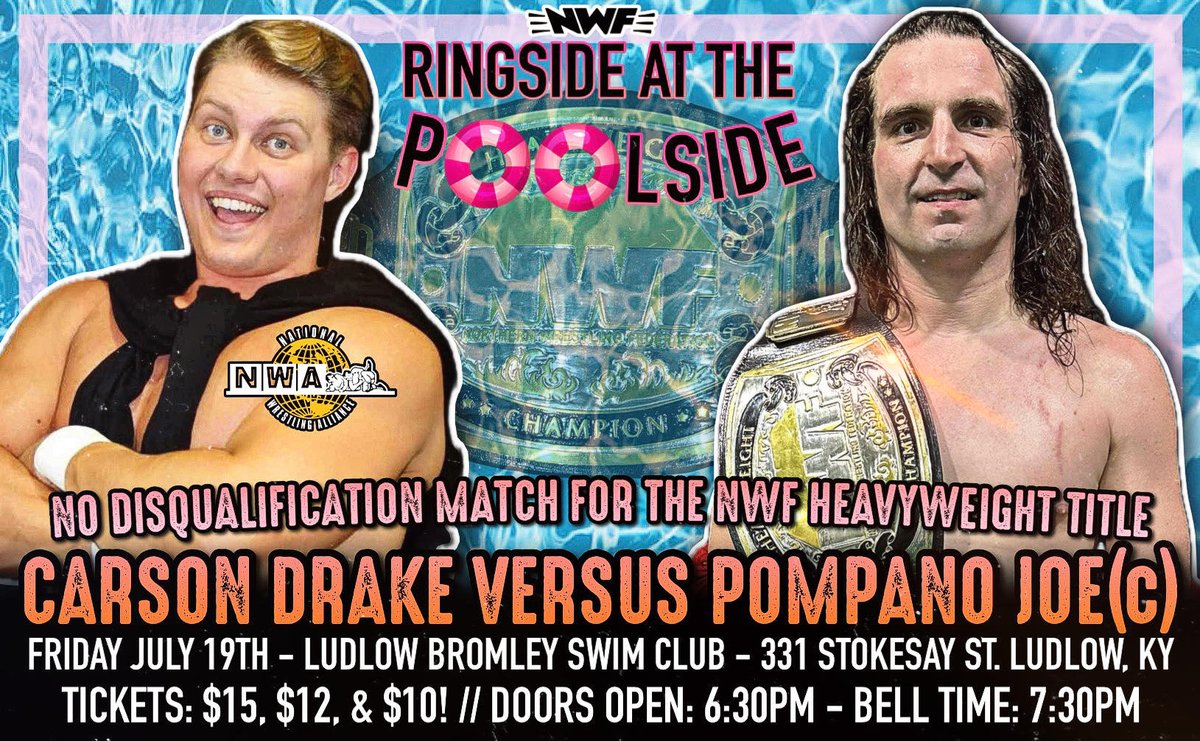 NWF Champion, <a href="/pompanojoe/">Pompano Joe</a>, defends his title against the returning #NWA Superstar, <a href="/CarsonDrake00/">Carson Drake</a>, in a No Disqualifcation Match this FRIDAY night at Ludlow/Bromley Swim Club in Ludlow, KY!

🎟: nwfwrestling.com/events

🚪: 6:30 pm
🔔: 7:30 pm