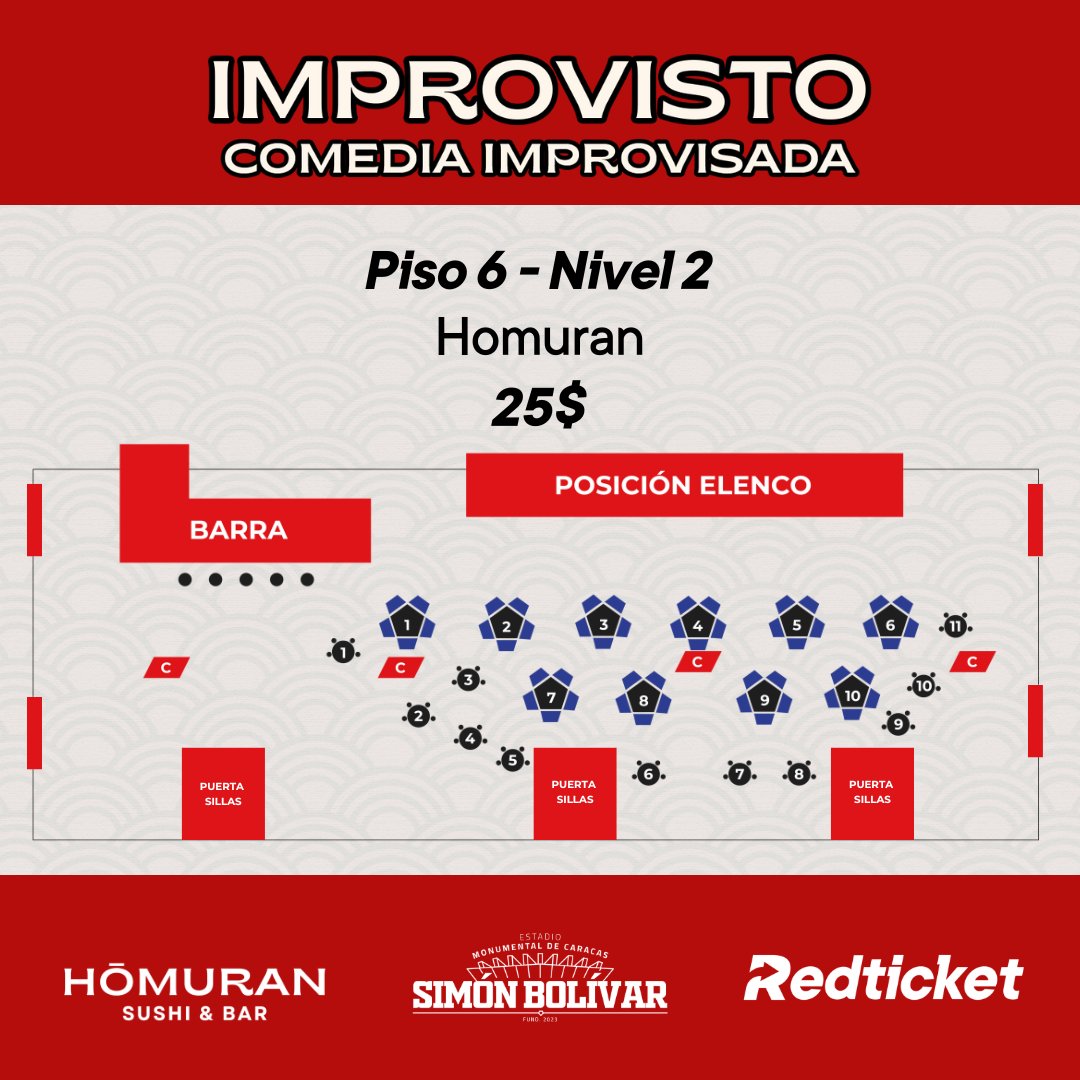 Disfruta de una noche de @improvisto 🎭 Comedia Improvisada

🗓️Fecha: sábado 20 de julio
⏰Hora: 8:00pm
📍Lugar: Restaurante Homuran en el Estadio Monumental de Caracas
💸 Costo: $25
🎟️ Adquiere tus entradas a través de redticket.com.ve o en las taquillas del estadio.
