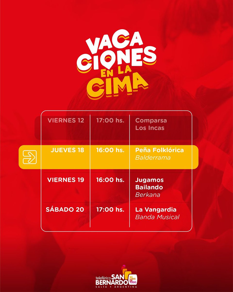 ¿Ya sabés dónde pasar estas vacaciones de invierno? VACACIONES EN LA CIMA❄️☃️

💟Seguinos para enterarte de todas las actividades que tenemos para vos
📌Jueves 18/07 Peña Folklórica @bolichebalderrama