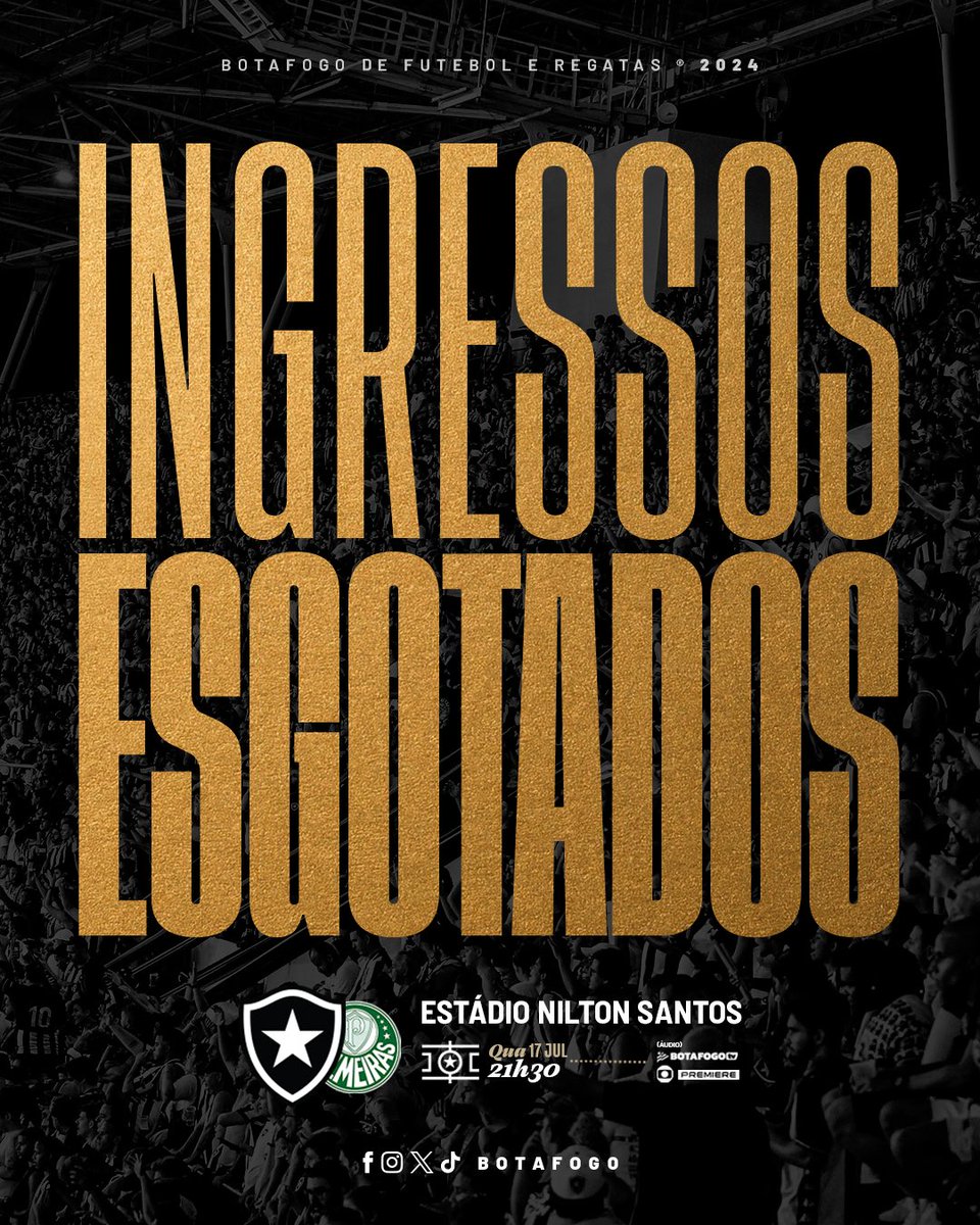 Botafogo's tweet photo. A CASA ALVINEGRA VAI FERVER! 🔥⚽️

Ingressos esgotados para o duelo de logo mais, no Nilton Santos, com o Palmeiras! 🏟️⭐️ #VamosBOTAFOGO 

🎫 SÁBADO já temos outro compromisso marcado e as entradas estão à venda em https://t.co/VmMNMgRyIo! https://t.co/7JuhPtRKYq