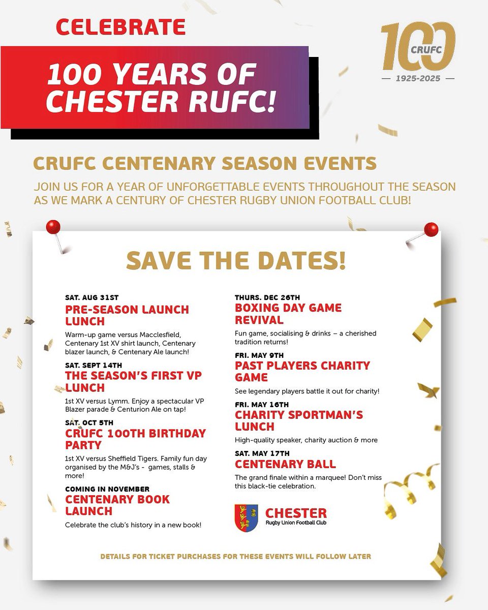 RUFCChester's tweet photo. 🎉 Celebrate 100 Years of Chester RUFC! 🎉

Join us for a season full of unforgettable events as we mark a century of Chester Rugby Union Football Club! 🏉

📅 Save the Dates

Stay tuned for more details! 

#CRUFC100 #RugbyCentenary #CelebrateWithUs #ChesterRUFC https://t.co/ZI3geh1rRS