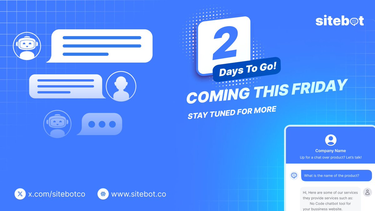 sitebotco's tweet photo. Big announcement coming this Friday! 🎉 Our latest innovation is set to transform customer engagement. Stay tuned! #AI #Innovation #Sitebot #ComingSoon https://t.co/aJVAJJz7K2