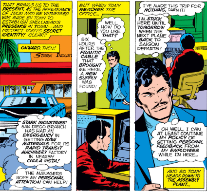 MarvelADay's tweet photo. #MarvelADay #IM72 So it was a materials emergency that brought Stark running from Vietnam. Crisis averted, so Stark's going to have a look-around and see how his employees are doing. Truly your average CEO couldn't be bothered... - VA https://t.co/leDkPuhmT0