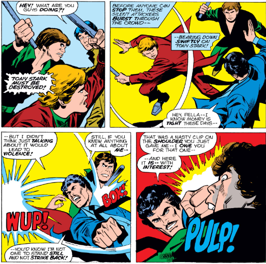 MarvelADay's tweet photo. #MarvelADay #IM72 On no! Two of his employees were mind-controlled and attack! After a quick Bok, Stark takes care of them rather quickly. Wup! Pulp! - VA https://t.co/763SVb7Jgi
