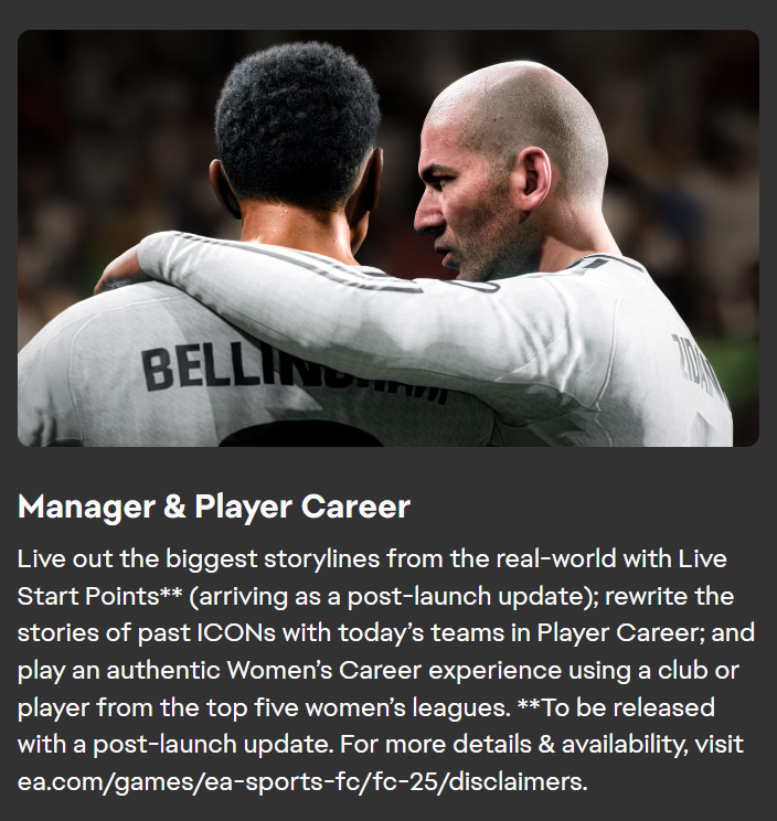 FC25 Career Mode news so far...

▪️ Use Icons in MyPlayer
▪️ Women's Career Mode
▪️ Live Start Points 

Here's hoping we get more news soon 🤞🏼