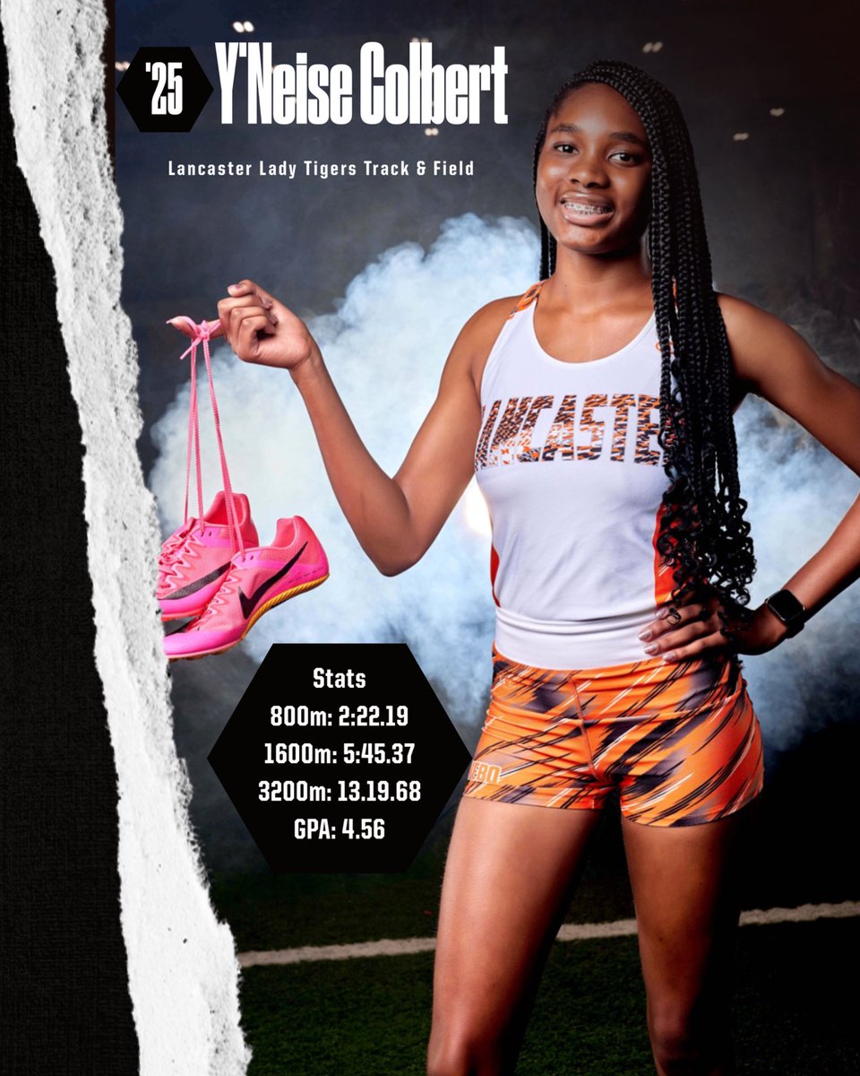 WeboGirlsTrack's tweet photo. Next up in our class of 25

Y’Neise Colbert

Stats
800m: 2:22.19 (Dropped 14 seconds)
1600m: 5:45.37 (Dropped 36 seconds)
3200m: 13.19.68 (Dropped 2 minutes)
GPA: 4.56

Big senior year loading! Her recruitment is open! #WEBOSpeed
@LancasterISD @WeboTigerSports @WEBO_Tigers https://t.co/Wvb51Wr6yk