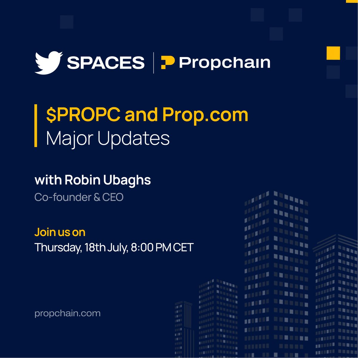 Save the Date: Thursday, 18th July 2024

Join us on #XSpace for an exclusive AMA session with <a href="/propchainmaster/">Robin</a>, CEO and Co-founder of #Propchain. 

Discover behind-the-scenes developments, get exclusive <a href="/PropGlobal/">Prop.com</a> updates, and find out what’s coming next!