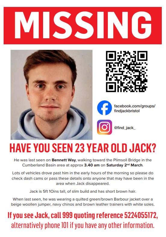 carla_denyer's tweet image. On the 2nd March, 23 year old Jack O'Sullivan went missing on the edge of Bristol Central. He is still missing today.

Jack was last seen in the early hours of the morning walking up the Bennett Way slip road heading towards Hotwells in the Cumberland Basin area.

Hundreds of…