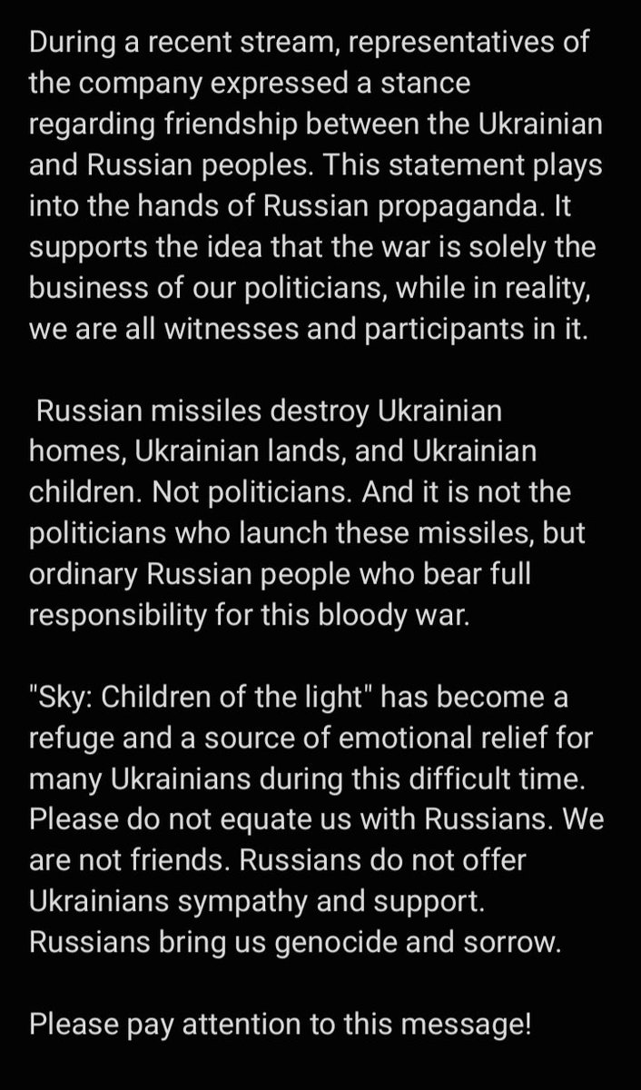 Gotosleepuwu's tweet photo. I want to address @thatgamecompany on behalf of the entire Ukrainian fanbase of the game "Sky: Children of the Light". https://t.co/Bey6J92GF3