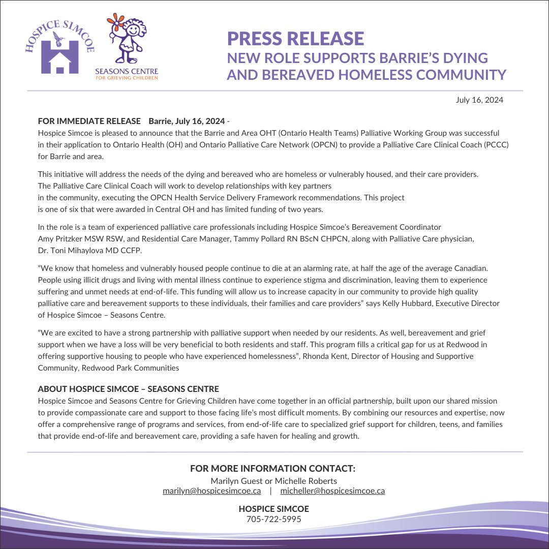WE ARE PLEASED TO ANNOUNCE: The success in the application to Ontario Health (OH), and Ontario Palliative Care Network (OPCN) to provide a Palliative Care Clinical Coach (PCCC) for Barrie and area.
For our full details, please visit:
hospicesimcoe.ca/press-release-…