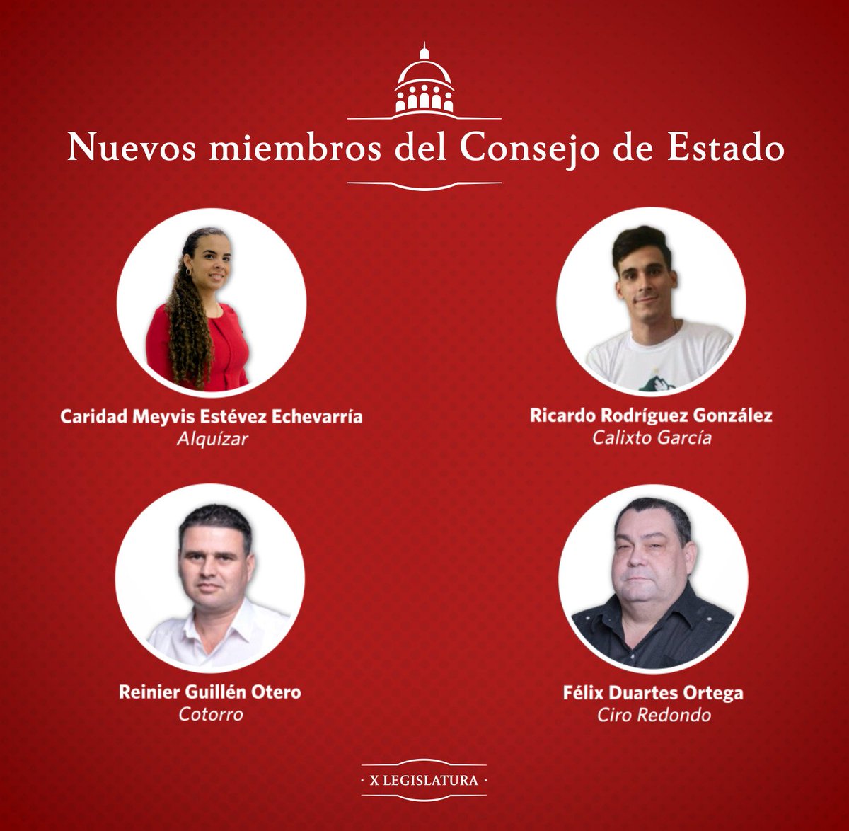 Nuevos miembros del Consejo de Estado de la República de #Cuba🇨🇺
<a href="/DrRobertoMOjeda/">Dr. Roberto Morales Ojeda</a> 
<a href="/DiazCanelB/">Miguel Díaz-Canel Bermúdez</a> 
<a href="/OsmaniGarcaDen1/">Osmani García Denis</a> 
<a href="/H_Gallinar/">Héctor J. Gallinar Garcia</a>